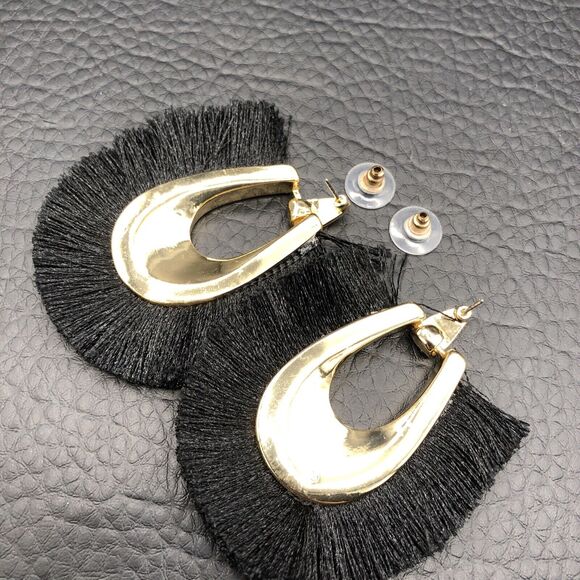 Fringe Earrings Wood Inlay Black Fiber Door knocker Gold Tone Studs - Picture 3 of 7